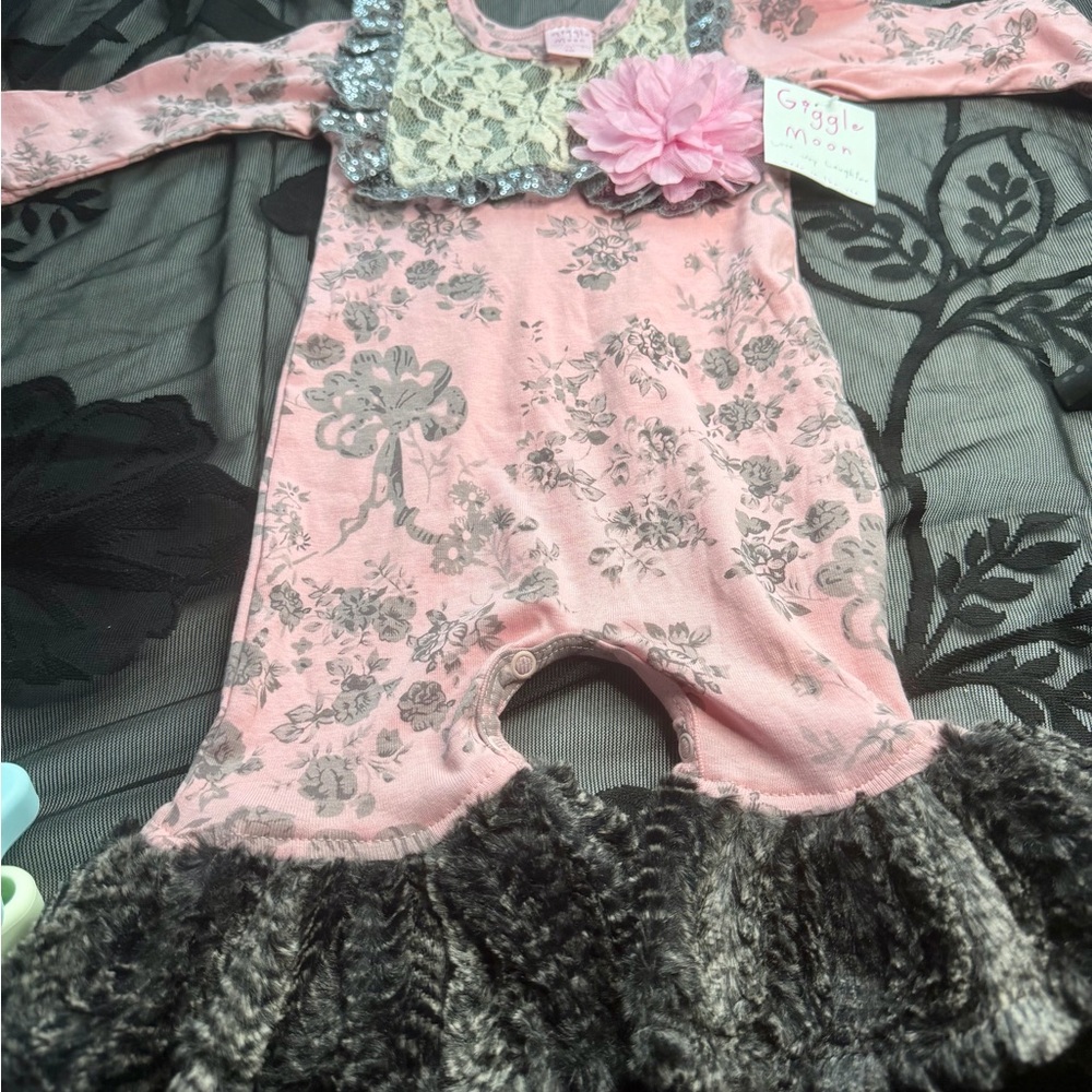 NWT giggle moon Pink Floral Baby Romper with Lace and feather bottoms